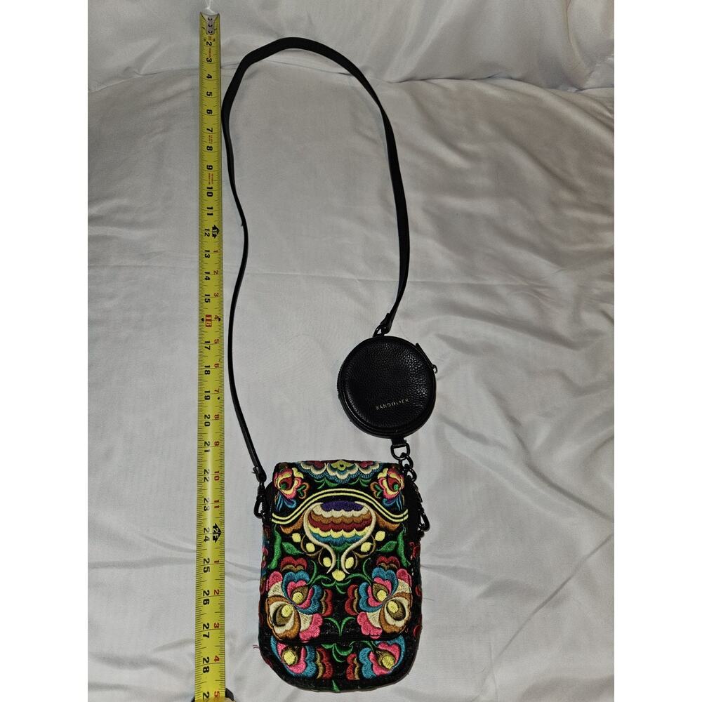 Bandolier Black Multicolor Embroidered Floral Crossbody Bag w/ Round Zip Pouch